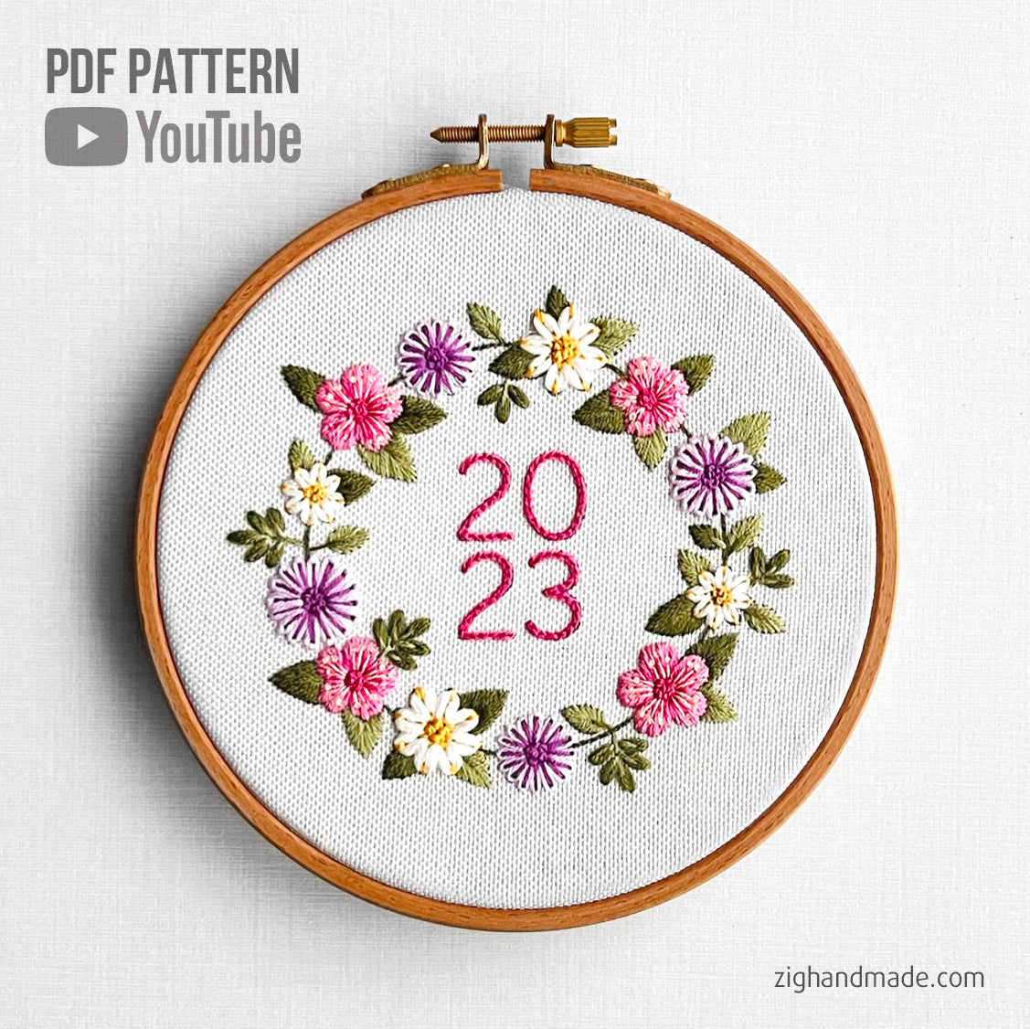 Spring Flowers of 2023 (Pink) - Botanical Embroidery - PDF Pattern by ZIG